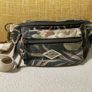 Billabong Bayleaf Tropical Print On My Bum Cotton Canvas Fanny Pack Bag Grey